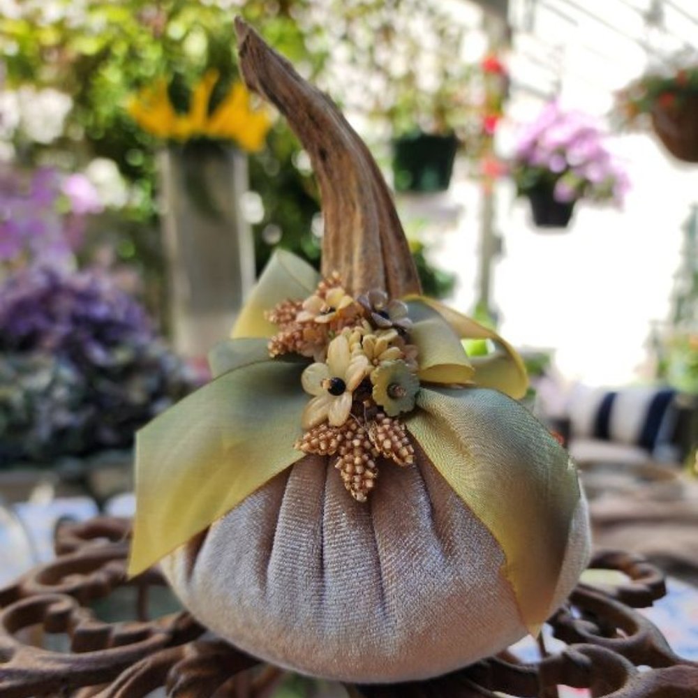 PUMPKIN WITH REAL STEM, VELVET FABRIC, SILK RIBBONS AND VINTAGE TRIM HANDMADE